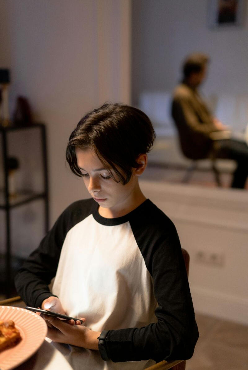 Subcultures & the Online Jungle a young boy sitting at dinner staring at his phone