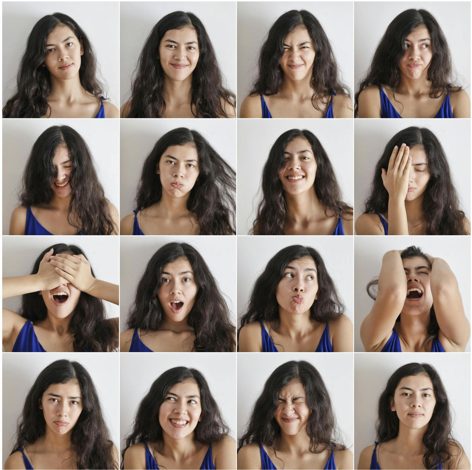 4x4 grid, images of the same woman making different faces and emotions.